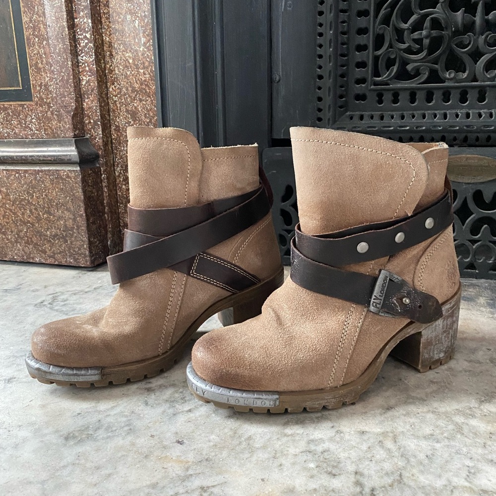 FLY London | Brown Suede Ankle Boots, EU 37, Boho Western Style, Faux-Steel Toe